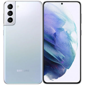 Samsung Galaxy S21 Plus in Phantom Silver, highlighting the large front display with thin bezels and the back view with a prominent triple-camera arrangement