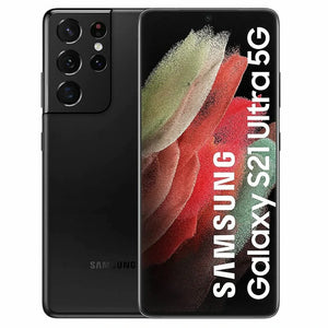 Samsung Galaxy S21 Ultra in Phantom Black, displaying the front screen with minimal bezels and the back view featuring a quad-camera setup