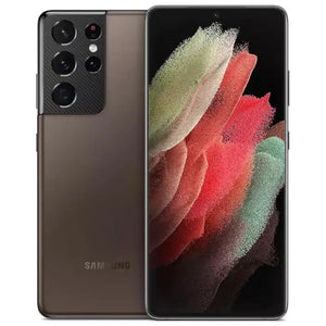 Samsung Galaxy S21 Ultra in Phantom Brown, displaying the front screen with minimal bezels and the back view featuring a quad-camera setup