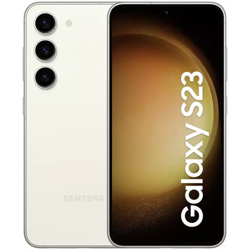Samsung Galaxy S23 in cream color, displaying the front screen with minimal bezels and the back view featuring a triple-camera setup