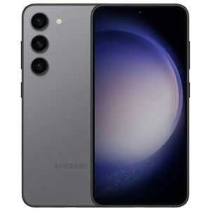 Samsung Galaxy S23 in graphite color, displaying the front screen with minimal bezels and the back view featuring a triple-camera setup