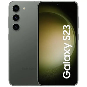 Samsung Galaxy S23 in green color, displaying the front screen with minimal bezels and the back view featuring a triple-camera setup