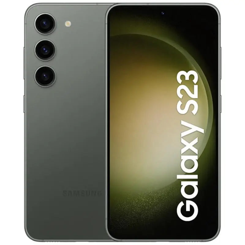 Samsung Galaxy S23 in green color, displaying the front screen with minimal bezels and the back view featuring a triple-camera setup
