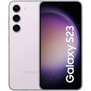 Samsung Galaxy S23 in lavender color, displaying the front screen with minimal bezels and the back view featuring a triple-camera setup