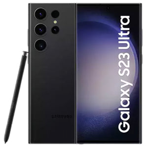 Samsung Galaxy S23 Ultra in Phantom Black color, showing the front AMOLED display, back view with quad cameras, and standing upright with the matching S-Pen