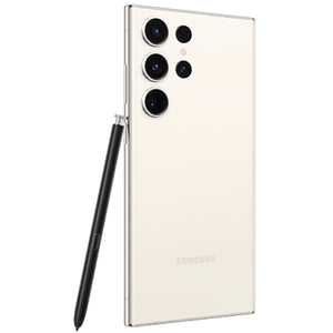 Samsung Galaxy S23 Ultra in Phantom Black color, showing the back view with quad cameras, and standing upright with the matching S-Pen