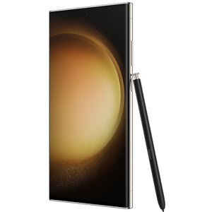 Samsung Galaxy S23 Ultra in Cream color, showing the front AMOLED display and standing upright with the matching S-Pen