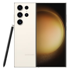 Samsung Galaxy S23 Ultra in Cream color, showing the front AMOLED display, back view with quad cameras, and standing upright with the matching S-Pen