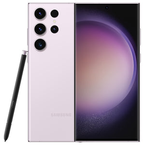 Samsung Galaxy S23 Ultra in Lavender color, showing the front AMOLED display, back view with quad cameras, and standing upright with the matching S-Pen