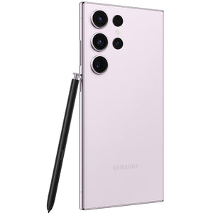 Samsung Galaxy S23 Ultra in Lavender color, showing the back view with quad cameras, and standing upright with the matching S-Pen