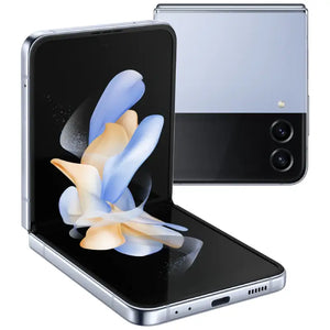 Samsung Galaxy Z Flip 4 in blue color, showcasing the back view with dual rear cameras, front display in a folded position, highlighting its stylish design and advanced features