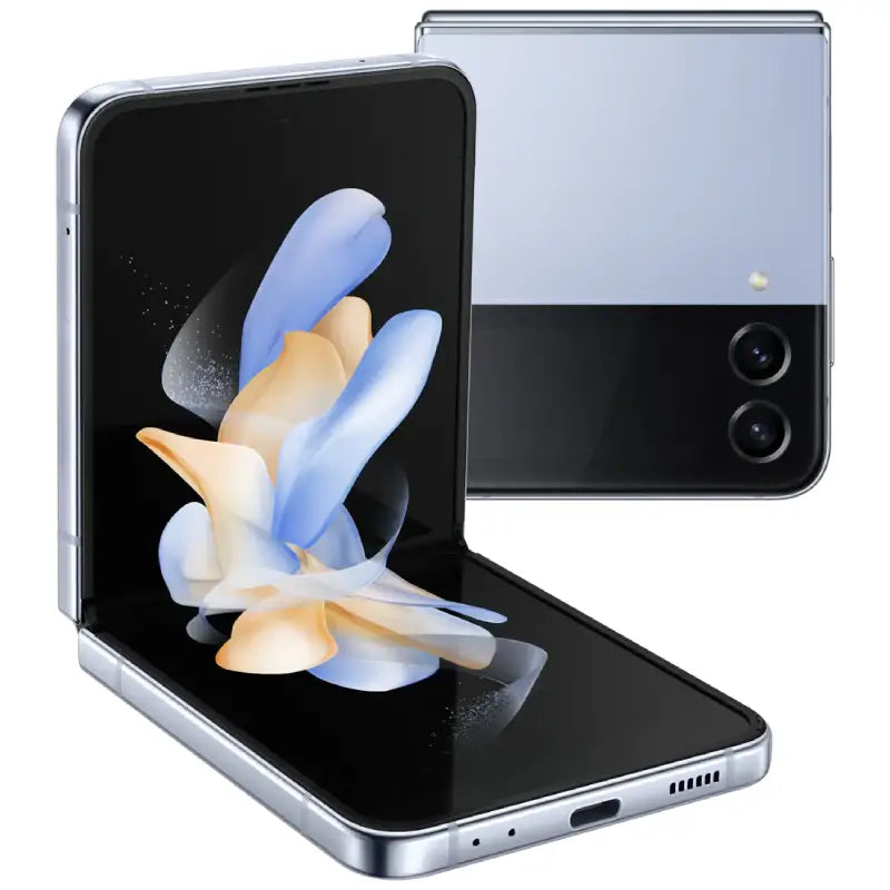 Samsung Galaxy Z Flip 4 in blue color, showcasing the back view with dual rear cameras, front display in a folded position, highlighting its stylish design and advanced features