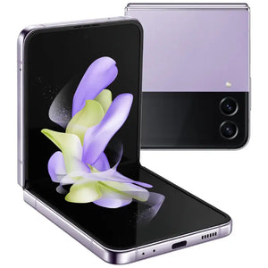 Samsung Galaxy Z Flip 4 in Bora Purple color, showcasing the back view with dual rear cameras, front display in a folded position, along with the charging port, highlighting its vibrant design and innovative features