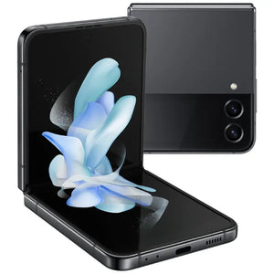 Samsung Galaxy Z Flip 4 in graphite color, showcasing the back view with dual rear cameras, front display in a folded position, highlighting its modern design and advanced features