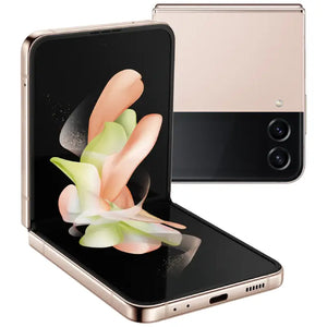 Samsung Galaxy Z Flip 4 in pink gold color, showcasing the back view with dual rear cameras, front display in a folded position, along with the charging port highlighting its sleek design and functionality
