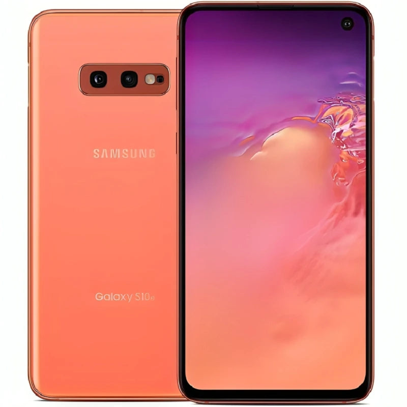 Samsung Galaxy S10e in Flamingo Pink, showcasing the front display and back with dual cameras, featuring a vibrant pink color