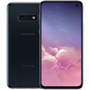 Samsung Galaxy S10e in Prism Black, displaying the front screen and back with dual-camera setup, in a polished black tone