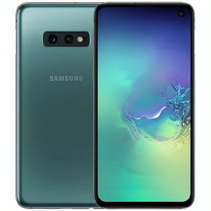 Samsung Galaxy S10e in Prism Green, showcasing the front display and back with dual cameras, featuring a vibrant green finish