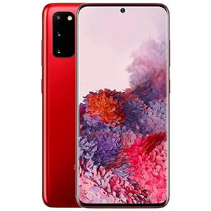 Samsung Galaxy S20 in Aura Red, displaying the front screen and the triple-camera system on the back, with a bold, vibrant red finish