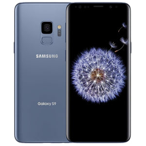 Samsung Galaxy S9 in Coral Blue  color, showcasing the back side with a single rear camera and the front side with a vibrant display