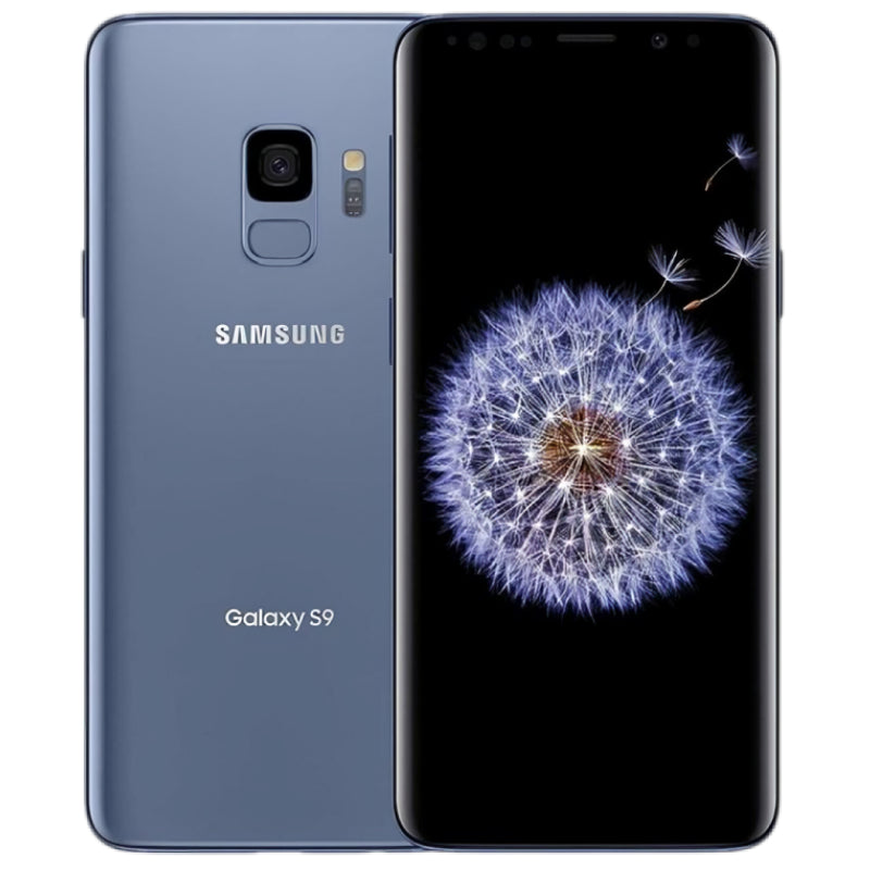 Samsung Galaxy S9 in Coral Blue  color, showcasing the back side with a single rear camera and the front side with a vibrant display