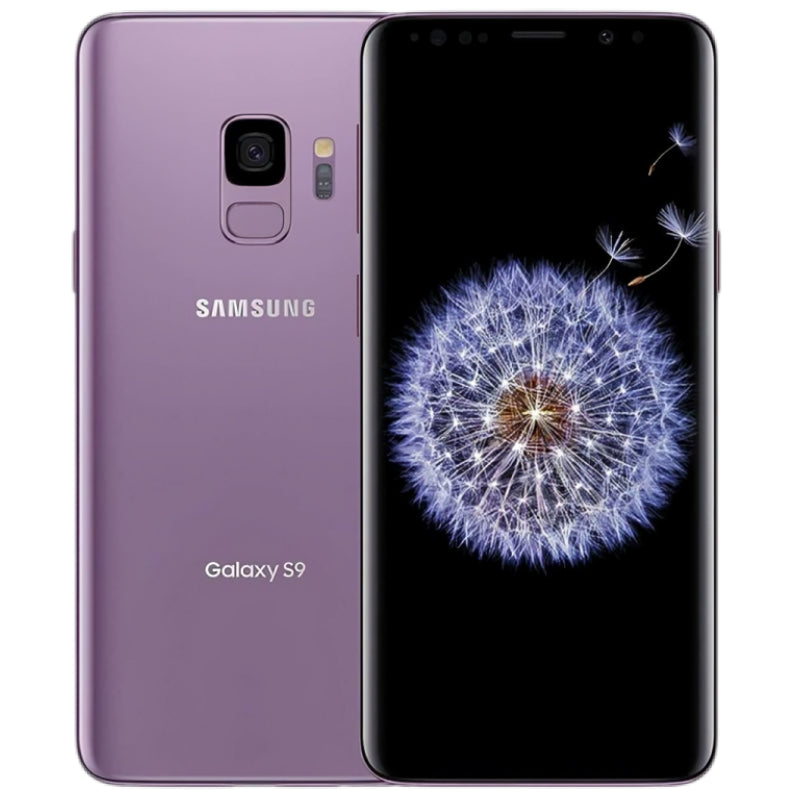 Samsung Galaxy S9 in Lilac Purple color, showcasing the back side with a single rear camera and the front side with a vibrant display