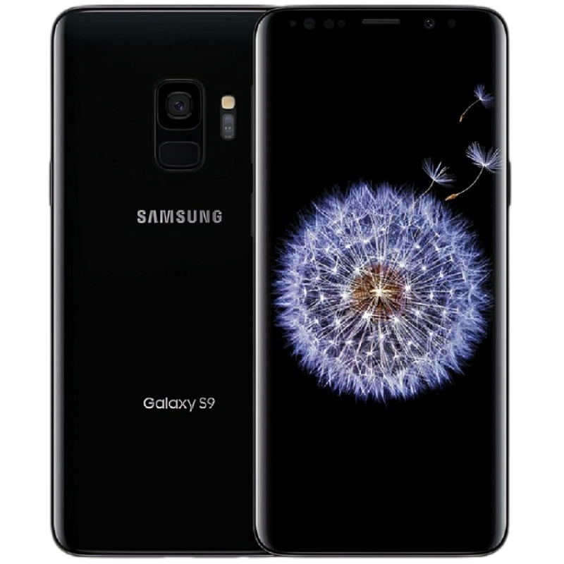 Samsung Galaxy S9 in Midnight Black color, showcasing the back side with a single rear camera and the front side with a vibrant display