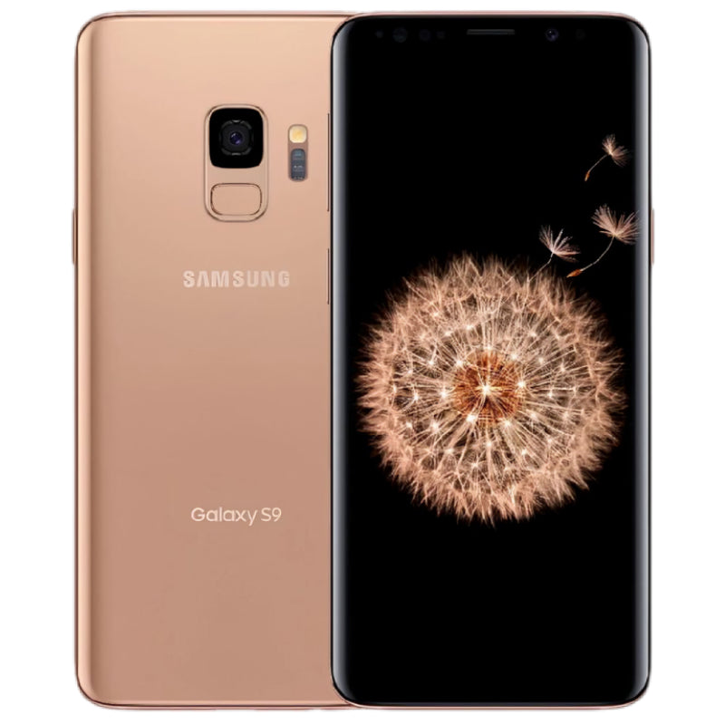 Samsung Galaxy S9 in sunrise gold color, showcasing the back side with a single rear camera and the front side with a vibrant display