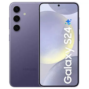 Samsung Galaxy S24 in cobalt violet color, showing the front display and centered punch-hole camera, alongside the back view featuring a sleek finish with a triple-camera setup in the top left corner