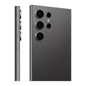 Samsung Galaxy S24 Ultra in titanium black, back side with a quad camera setup and showing side picture