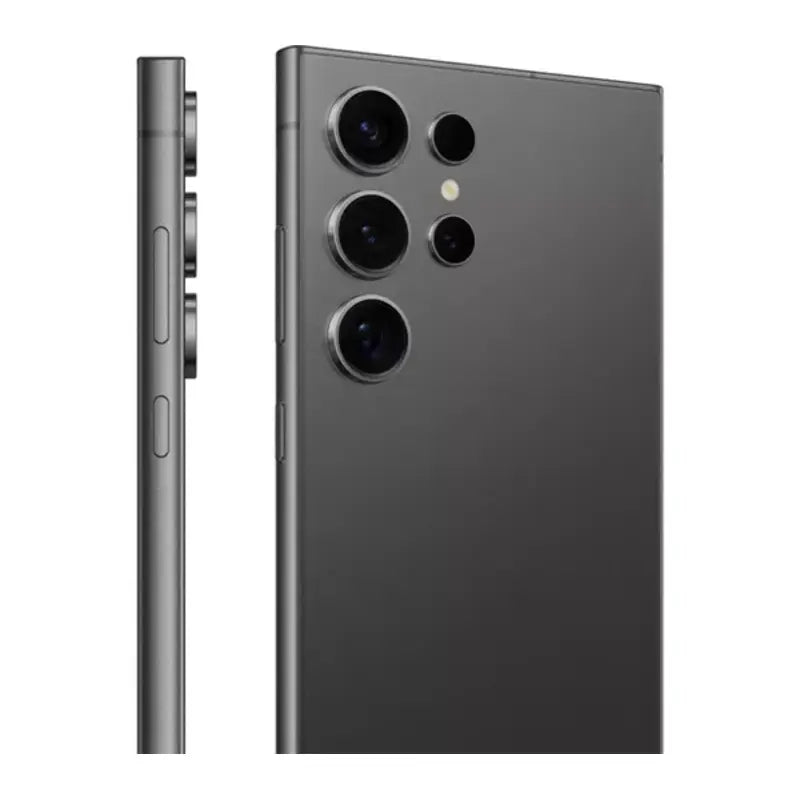 Samsung Galaxy S24 Ultra in titanium black, back side with a quad camera setup and showing side picture