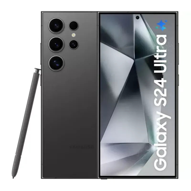 Samsung Galaxy S24 Ultra in titanium black, featuring a standing S Pen, showcasing the high-quality display and the back side with a quad camera setup