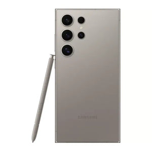 Samsung Galaxy S24 Ultra in Titanium Gray, featuring a standing S Pen and the back side with a quad camera setup