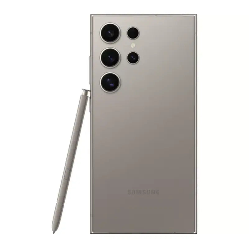 Samsung Galaxy S24 Ultra in Titanium Gray, featuring a standing S Pen and the back side with a quad camera setup