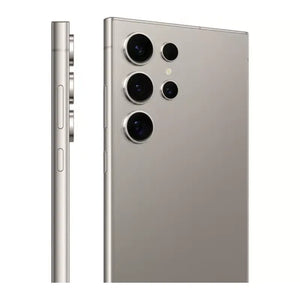 Samsung Galaxy S24 Ultra in Titanium Gray, back side with a quad camera setup and showing side picture