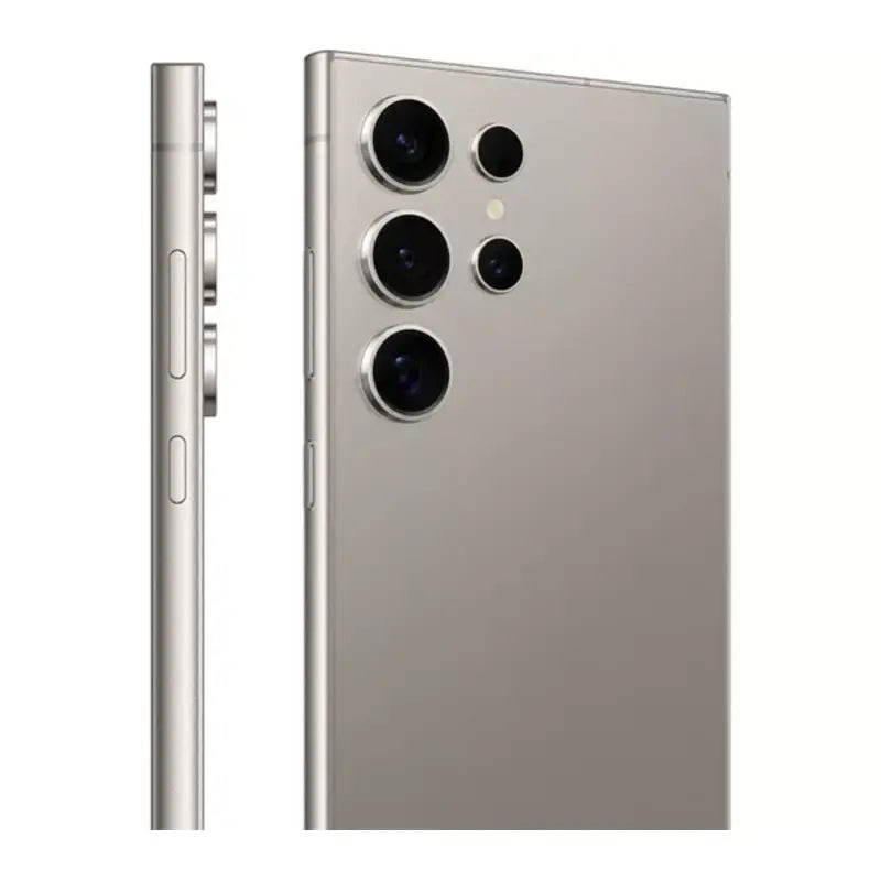 Samsung Galaxy S24 Ultra in Titanium Gray, back side with a quad camera setup and showing side picture