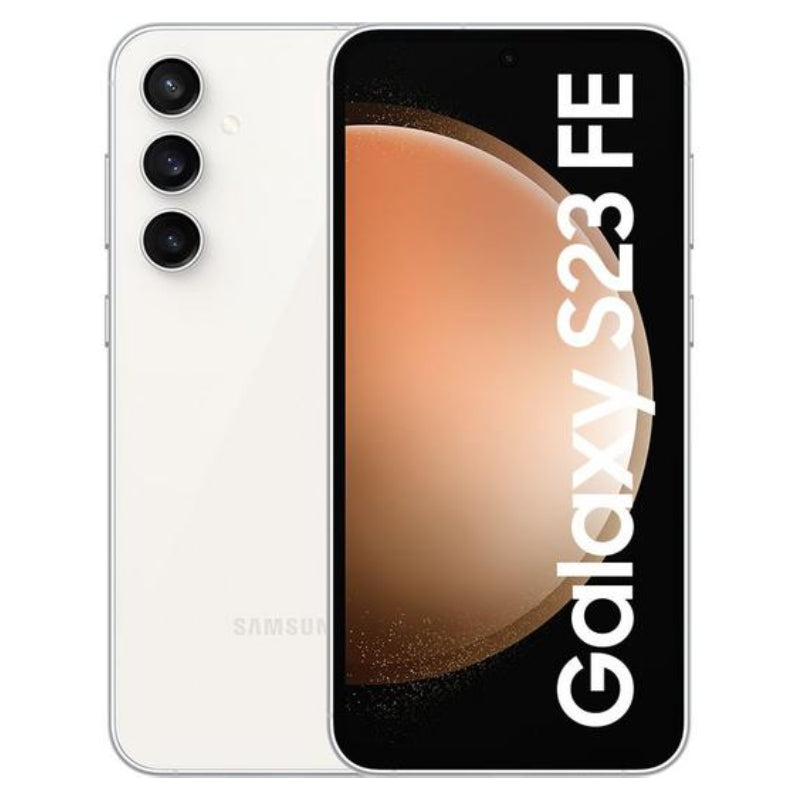 Samsung Galaxy S23 FE in cream color, showing the front AMOLED display with minimal bezels and the back view with a vertically aligned triple-camera setup