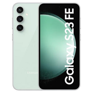 Samsung Galaxy S23 FE in mint color, showing the front AMOLED display with minimal bezels and the back view with a vertically aligned triple-camera setup