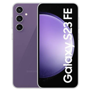 Samsung Galaxy S23 FE in purple color, showing the front AMOLED display with minimal bezels and the back view with a vertically aligned triple-camera setup
