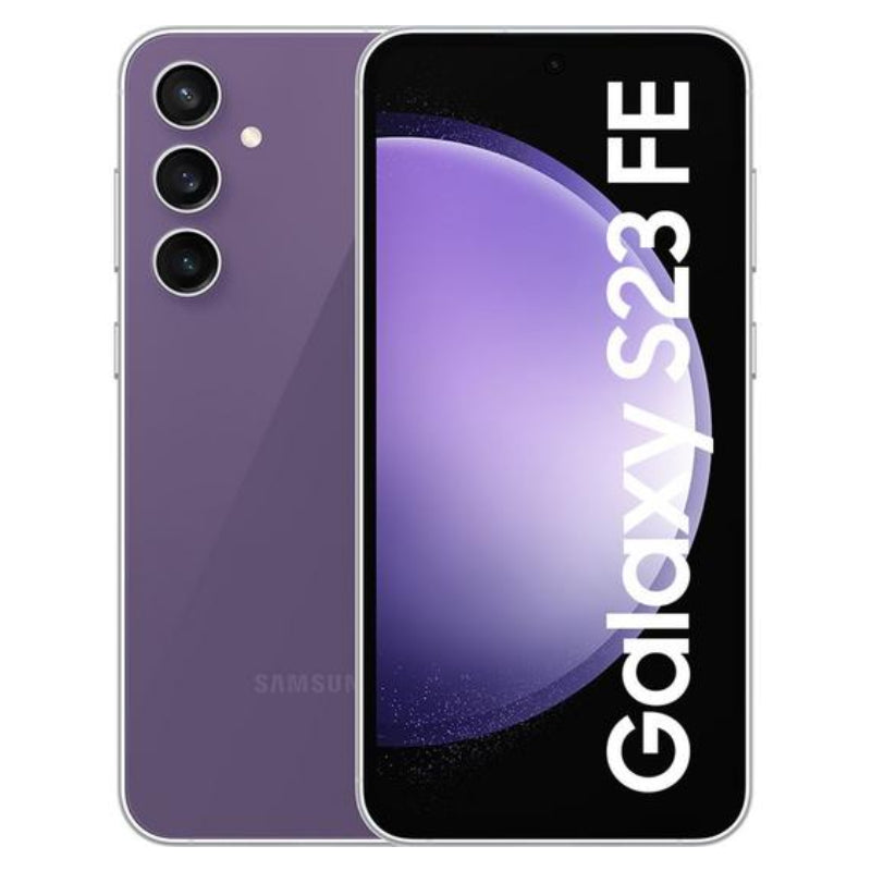 Samsung Galaxy S23 FE in purple color, showing the front AMOLED display with minimal bezels and the back view with a vertically aligned triple-camera setup