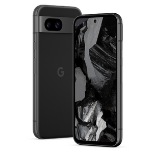 Google Pixel 8a in obsidian color, displaying the back view with dual rear cameras and front screen, highlighting its sleek design and modern features