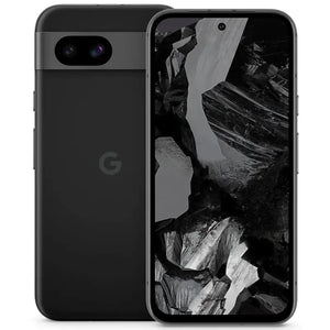 Google Pixel 8a in obsidian color, displaying the back view with dual rear cameras and front screen, highlighting its sleek design and modern features