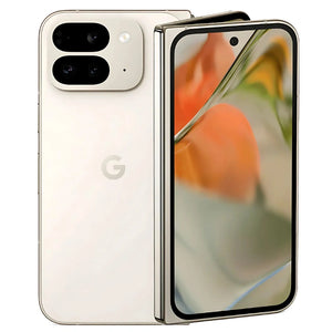 Google Pixel 9 Pro Fold in Porcelain, showcasing the 7.6-inch display, folded design, and back with triple camera system