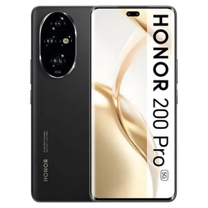 Honor 200 Pro in black color showcasing its stunning OLED display on the front and triple-camera module on the back