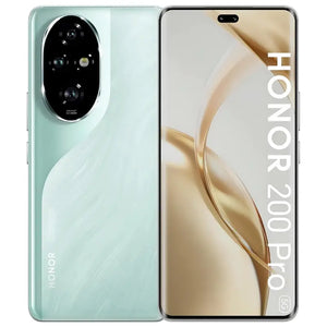 Honor 200 Pro in ocean cyan color showcasing its stunning OLED display on the front and triple-camera module on the back