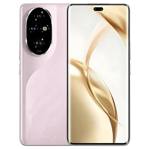 Honor 200 Pro in pink color showcasing its stunning OLED display on the front and triple-camera module on the back