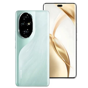Honor 200 Pro in ocean cyan color showcasing its stunning OLED display on the front and triple-camera module on the back