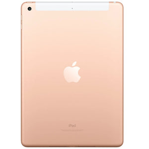 Apple iPad 6 Cellular in Gold, displaying the elegant gold back with a rear camera