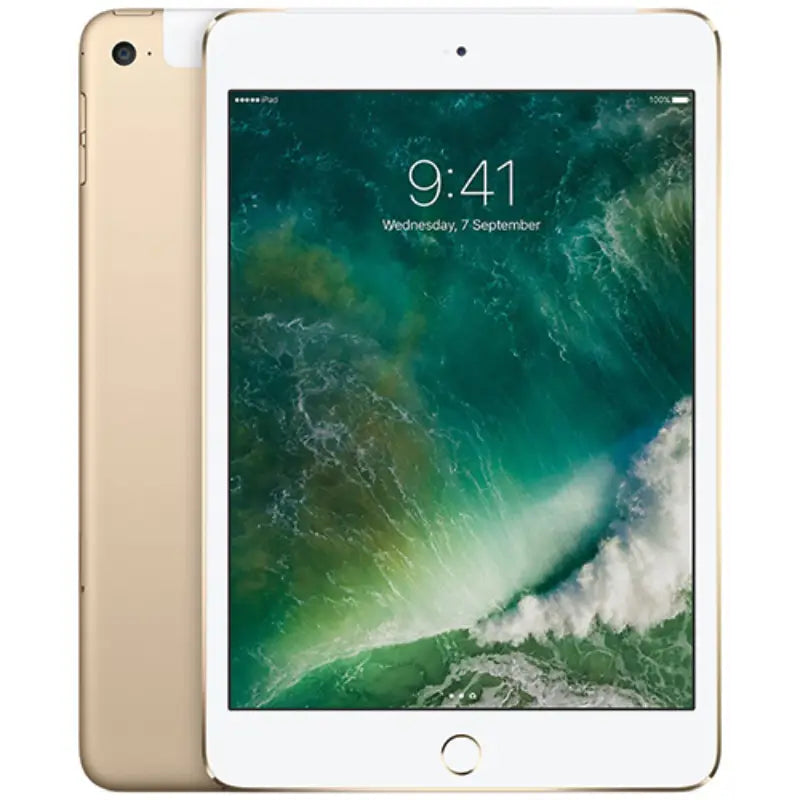 The Gold iPad 5th generation 9.7-inch cellular model presents a colorful front display and a stylish back design featuring a camera