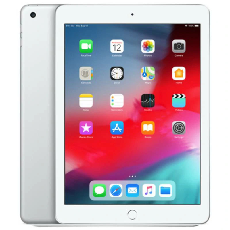 Apple iPad 6 Wi-Fi in Silver, featuring the bright front display and sleek silver back with a rear camera